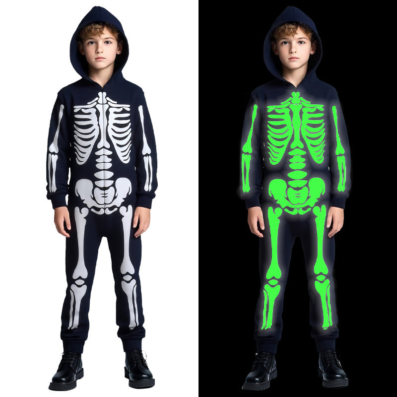 Cross-border Halloween Children's Costume Skull Skeleton White Luminous Ghost Costume Playing One-piece Hooded Costume Costume