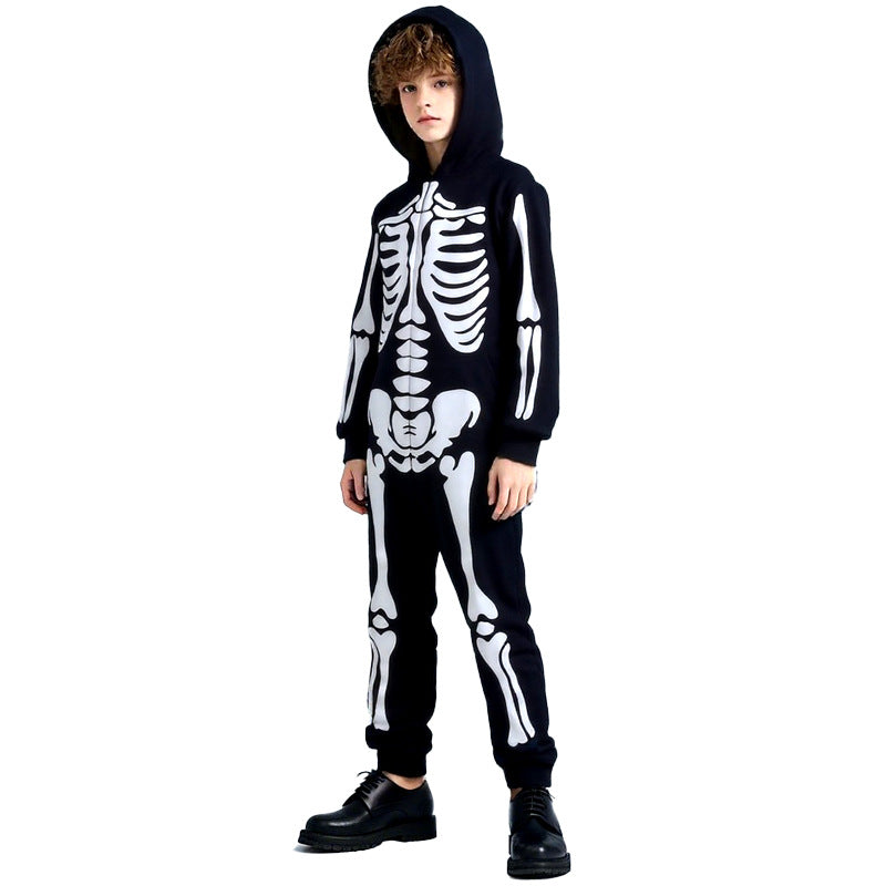Cross-border Halloween Children's Costume Skull Skeleton White Luminous Ghost Costume Playing One-piece Hooded Costume Costume