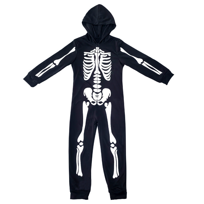 Cross-border Halloween Children's Costume Skull Skeleton White Luminous Ghost Costume Playing One-piece Hooded Costume Costume