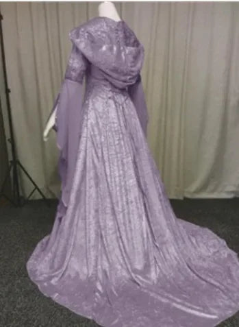 Women Deluxe Witch Dress Medieval Renaissance Maxi Train Dress Halloween Devil Pagan Witch Wedding Cos Costume Hooded Gown Robe