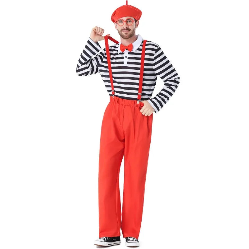Adult Black White Striped Top Red Suspender Pants Wally Halloween Party Cosplay Costume