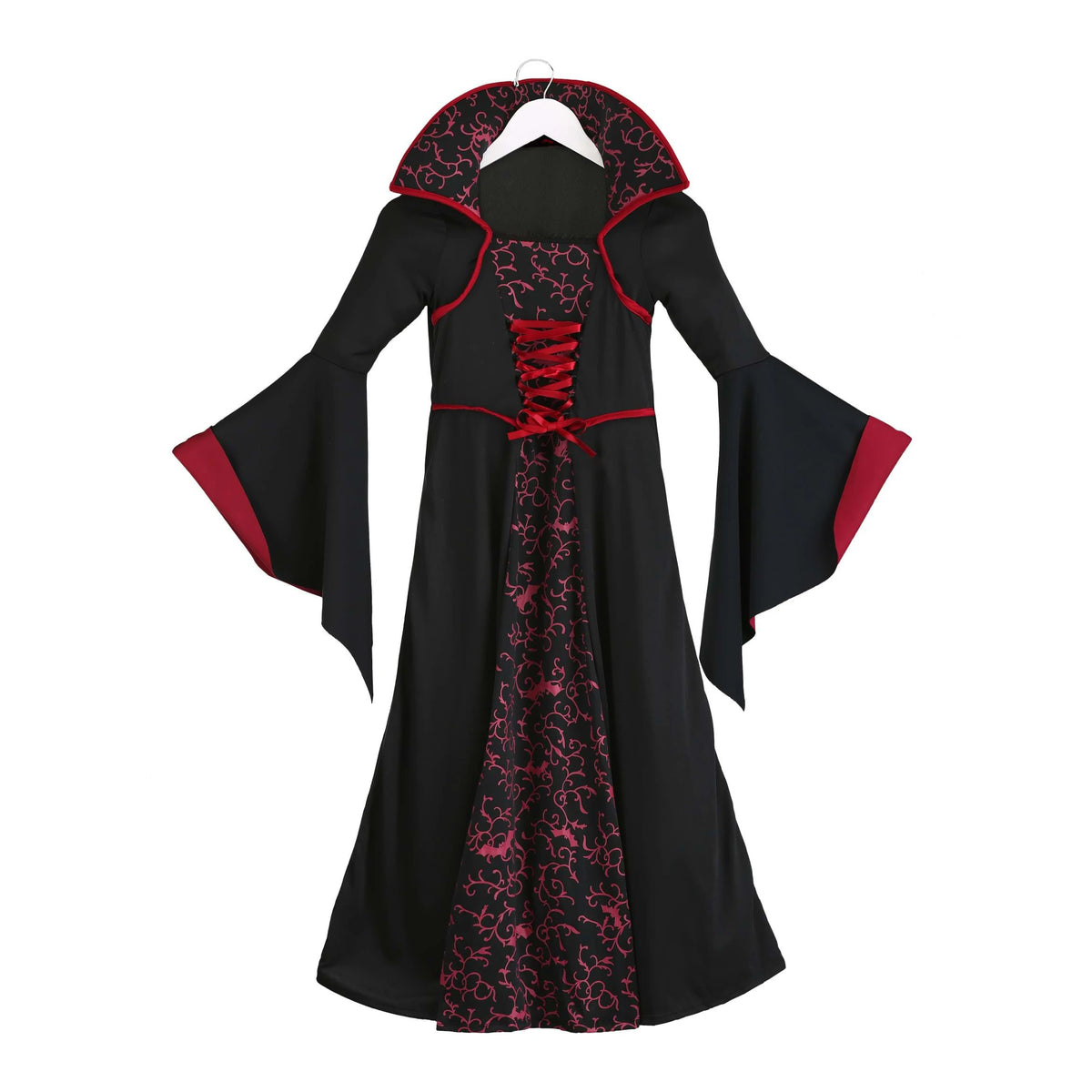 Kids Royal Vampire Queen Costume Retro Black Red Long Robe Girls Gothic Dress Halloween Street Parade Villain Role Play Outfit