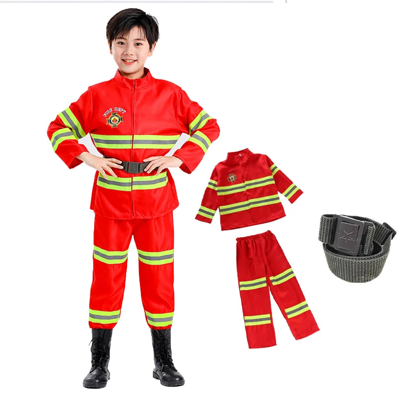 Firefighter Costume Set with Helmet Axe Water Gun Walkie Talkie Outfit Halloween Carnival Party Role Play Uniform