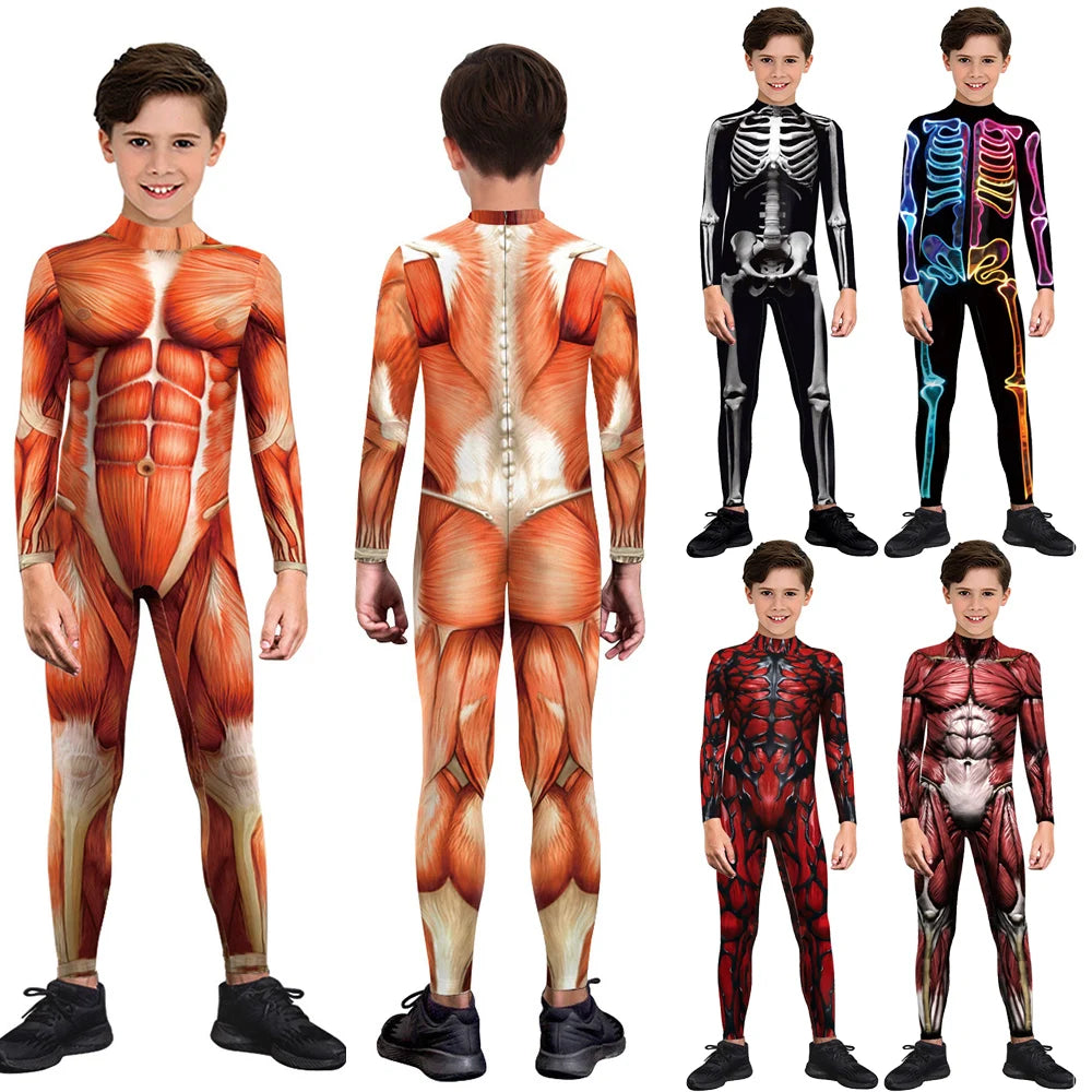 Kids Muscle Skeleton Superhero Cosplay Bodysuit Boys Girls Hero Attack on Titan Jumpsuit Halloween Party Game Zentai Suit