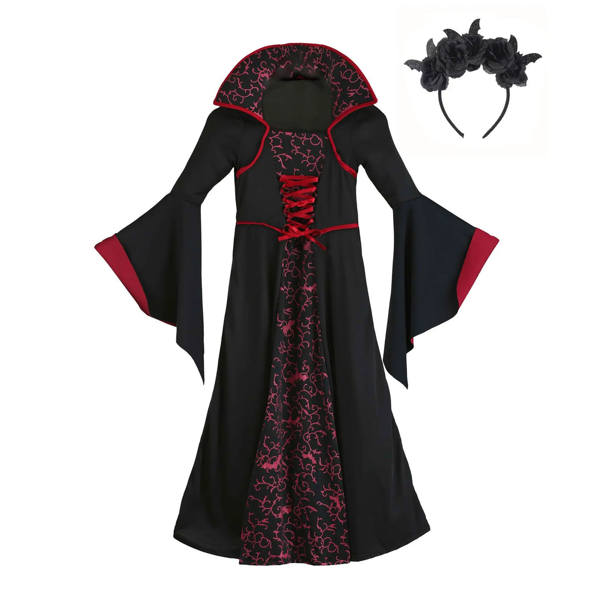 Kids Royal Vampire Queen Costume Retro Black Red Long Robe Girls Gothic Dress Halloween Street Parade Villain Role Play Outfit