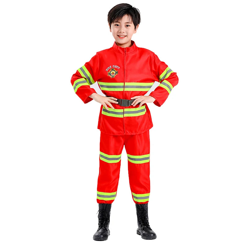 Firefighter Costume Set with Helmet Axe Water Gun Walkie Talkie Outfit Halloween Carnival Party Role Play Uniform