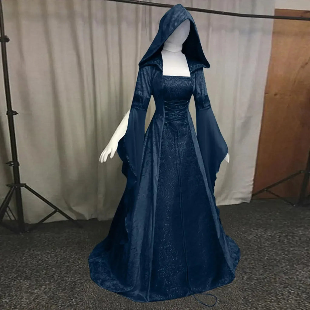 Women Deluxe Witch Dress Medieval Renaissance Maxi Train Dress Halloween Devil Pagan Witch Wedding Cos Costume Hooded Gown Robe