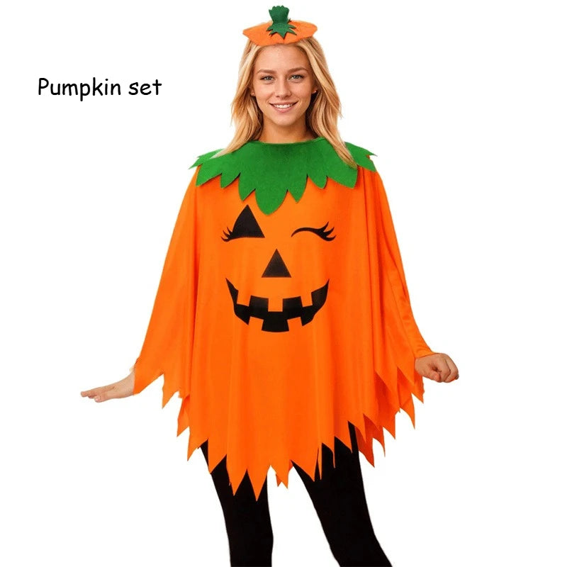 Adult Pumpkin Cape Shawl Costume, Halloween Party Role Play Set, Cloak Outfit with Pumpkin Hat Headband for Stage Show Costume
