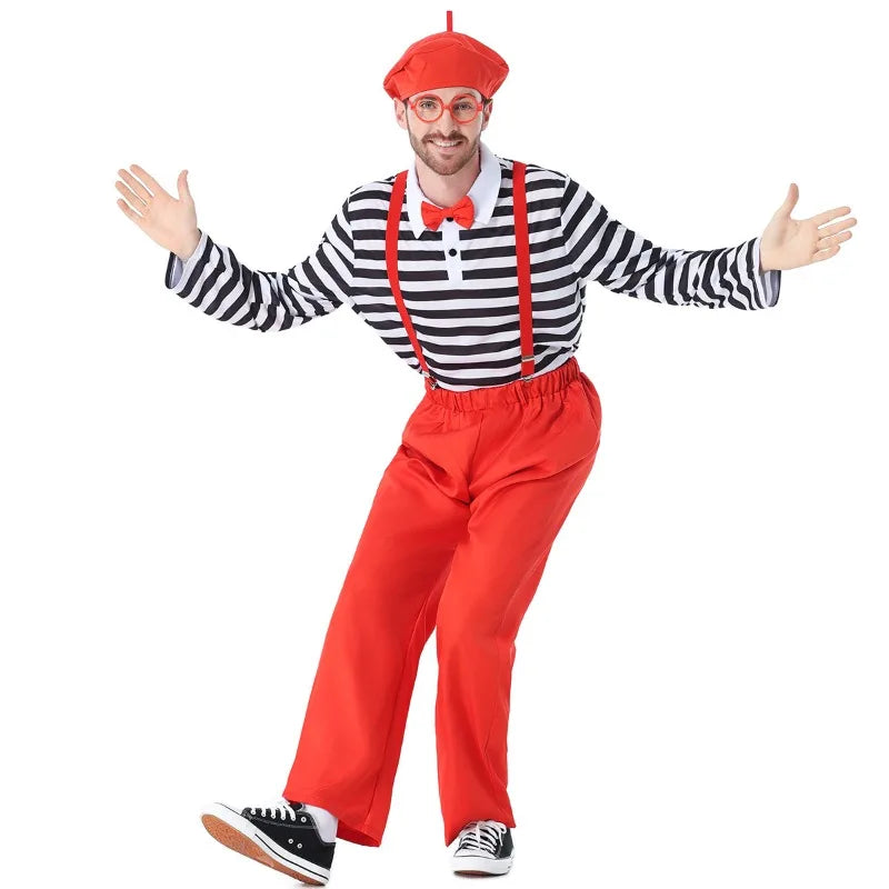 Adult Black White Striped Top Red Suspender Pants Wally Halloween Party Cosplay Costume