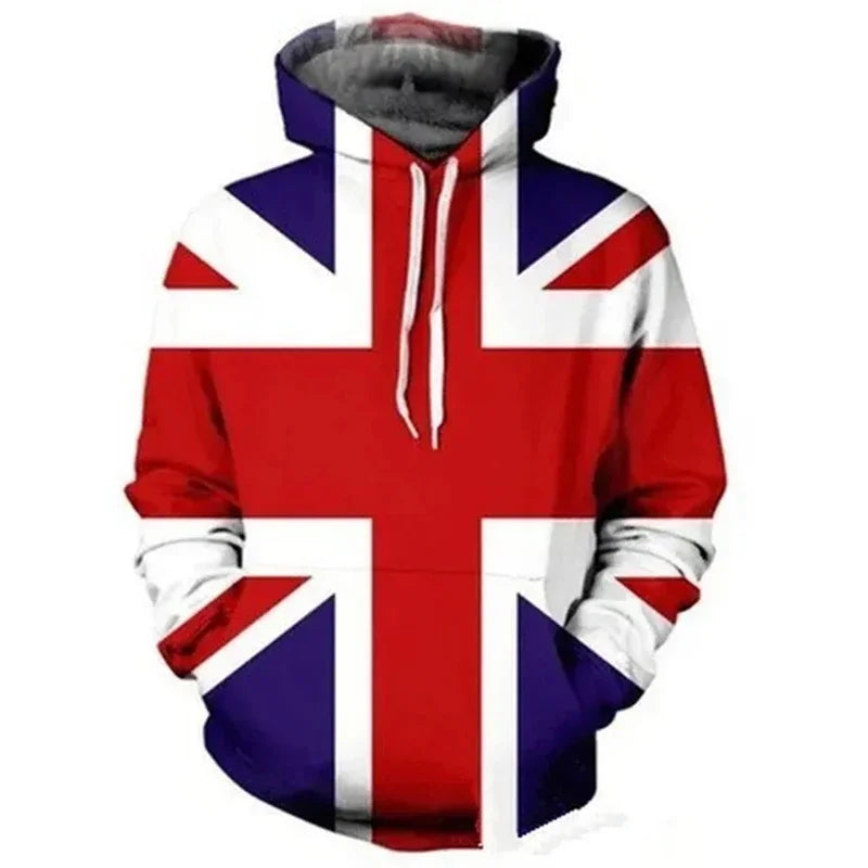 Men WWI Historical‑Style 3D Union Jack Print Drawstring Hoodie, Vintage History Theme Cosplay Casual Street‑Wear Pullover Tops