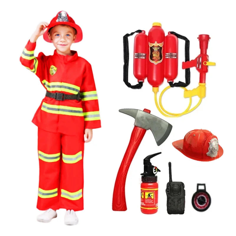 Firefighter Costume Set with Helmet Axe Water Gun Walkie Talkie Outfit Halloween Carnival Party Role Play Uniform
