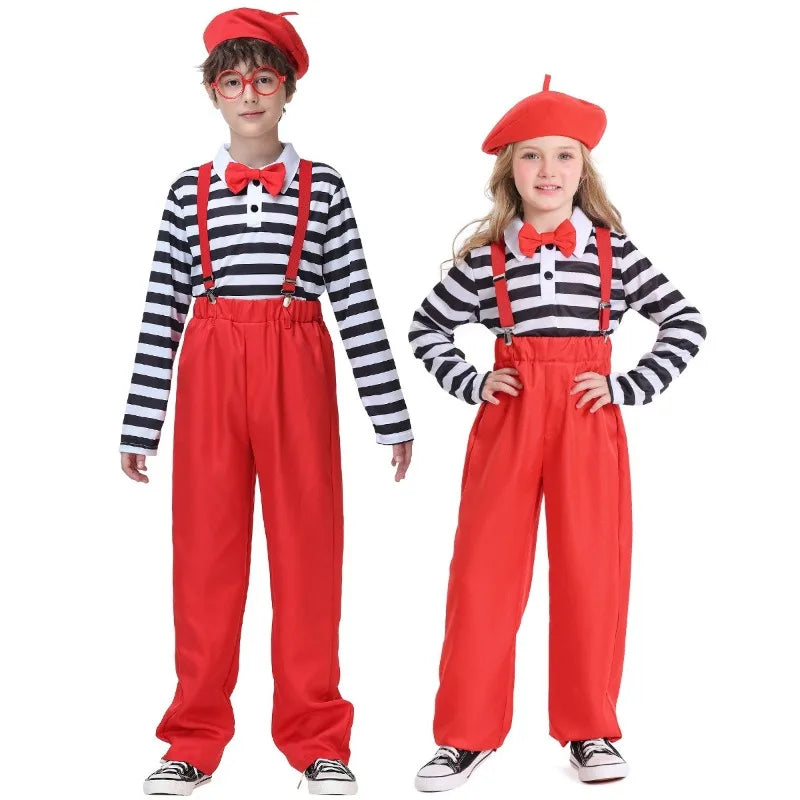 Halloween Cosplay Costume Red Red Overalls Cover Striped T-shirt Hat Suit Performance Party Role Playing Outfits for Unisex