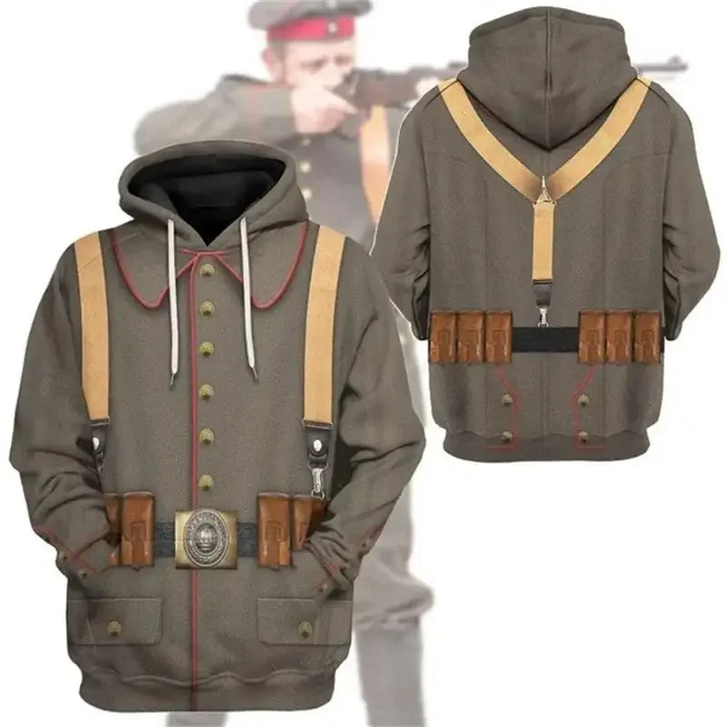 Men WWI Historical‑Style 3D Union Jack Print Drawstring Hoodie, Vintage History Theme Cosplay Casual Street‑Wear Pullover Tops