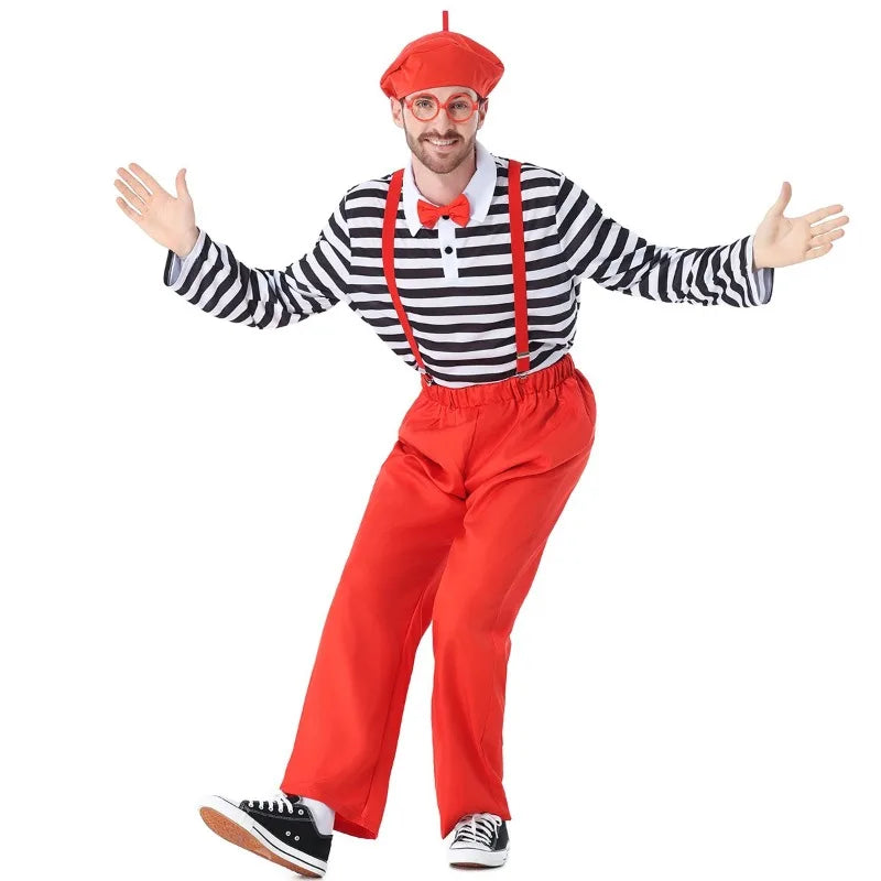 Adult Black White Striped Top Red Suspender Pants Wally Halloween Party Cosplay Costume