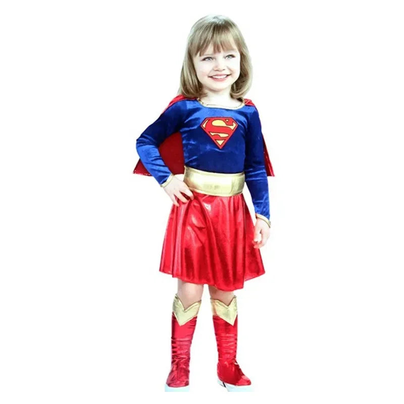 Superwoman Dress Cosplay Costumes Super Girls Dress Shoe Covers Suit Superhero Woman Super Hero Kids Halloween Costume