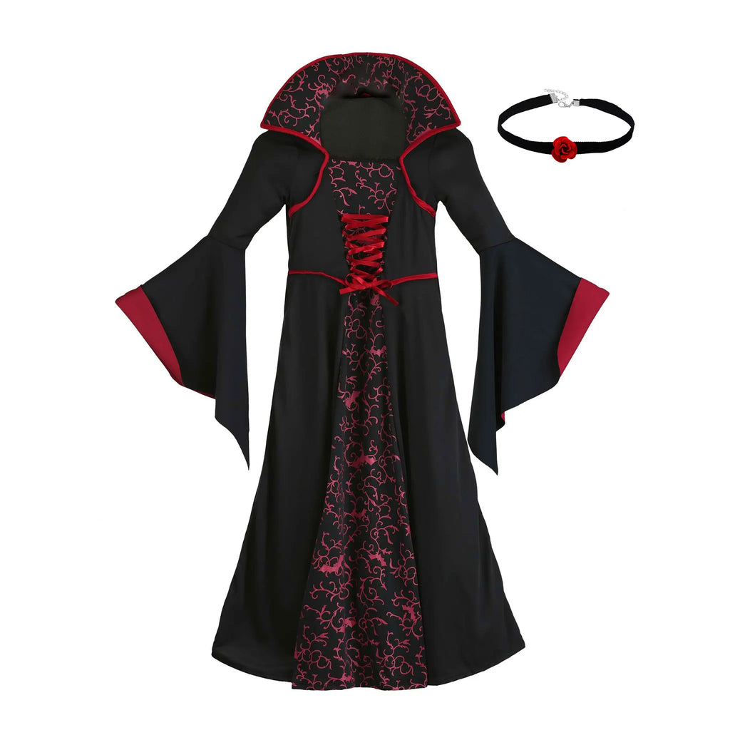 Kids Royal Vampire Queen Costume Retro Black Red Long Robe Girls Gothic Dress Halloween Street Parade Villain Role Play Outfit