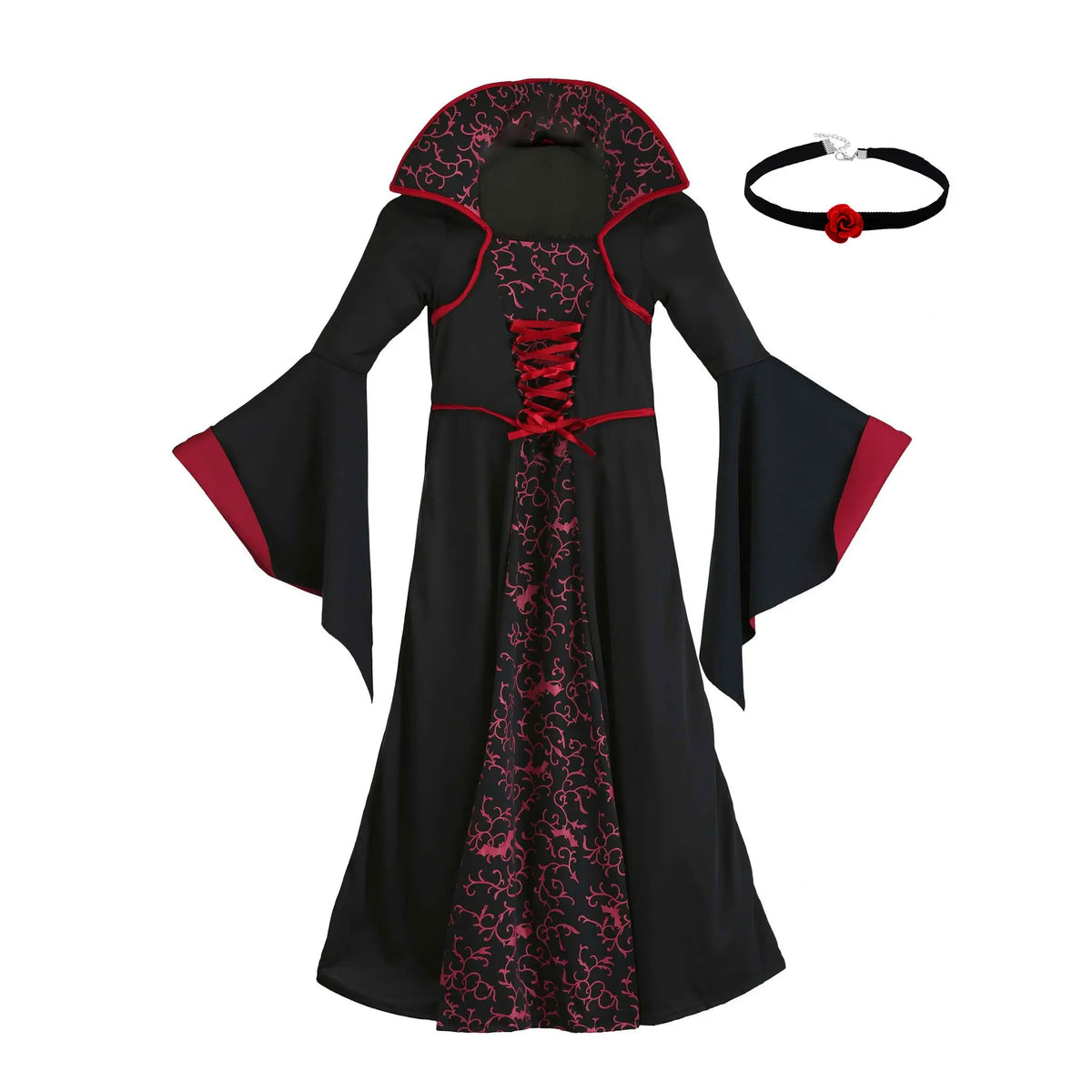 Kids Royal Vampire Queen Costume Retro Black Red Long Robe Girls Gothic Dress Halloween Street Parade Villain Role Play Outfit