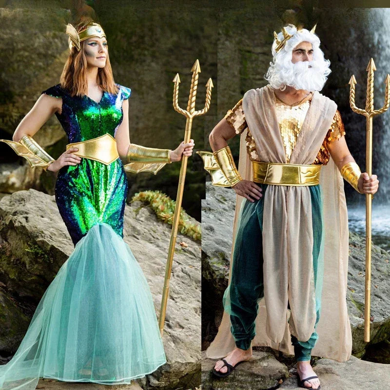 Couple Neptune King Sea Siren Mermaid Queen Costume Men Poseidon Costumes Fantasia Halloween Purim Carnival Mardi Gras Dress up