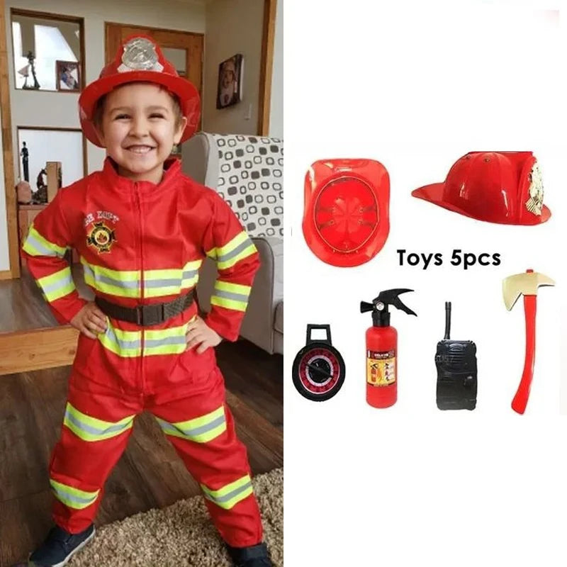 Firefighter Costume Set with Helmet Axe Water Gun Walkie Talkie Outfit Halloween Carnival Party Role Play Uniform