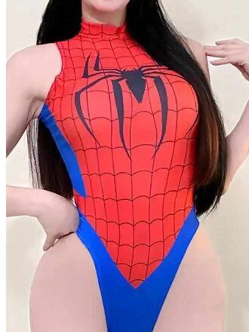 New Anime Swimsuit Cosplay Costume Bodysuits Elegant Sexy Sleeveless Spider Print Round Neck Bodysuits Pure Desire Charming R3RV