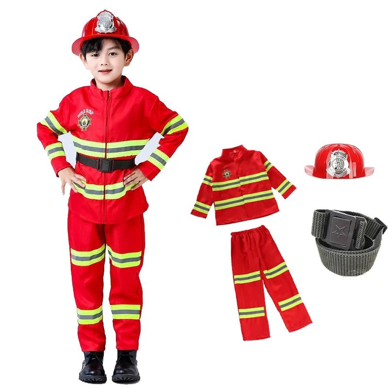 Firefighter Costume Set with Helmet Axe Water Gun Walkie Talkie Outfit Halloween Carnival Party Role Play Uniform