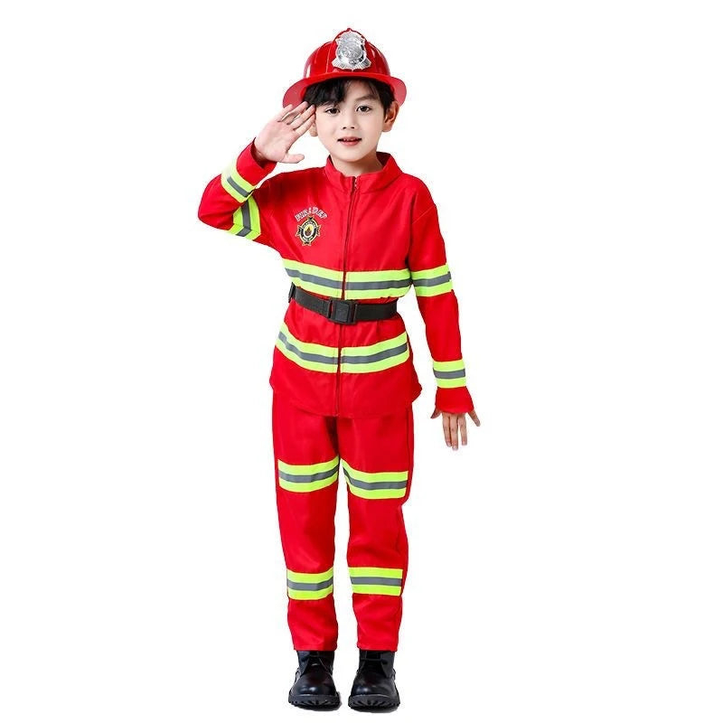 Firefighter Costume Set with Helmet Axe Water Gun Walkie Talkie Outfit Halloween Carnival Party Role Play Uniform