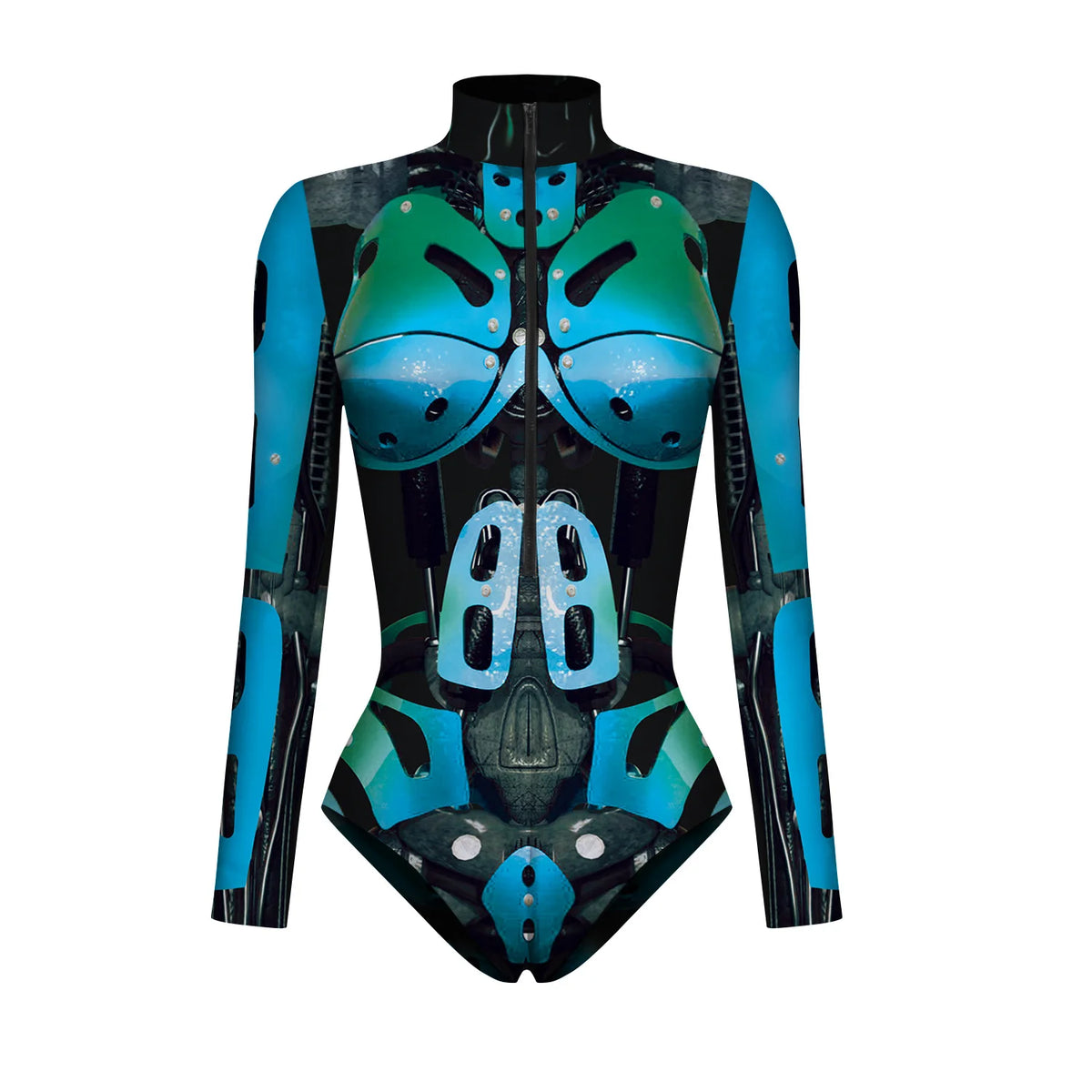New Superhero Jumpsuit Cosplay Costume Robot Armor Zentai 3D Digital Print Women's Long Sleeve Zipper Bodysuit Halloween Party