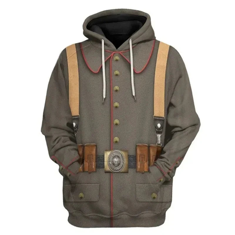 Men WWI Historical‑Style 3D Union Jack Print Drawstring Hoodie, Vintage History Theme Cosplay Casual Street‑Wear Pullover Tops