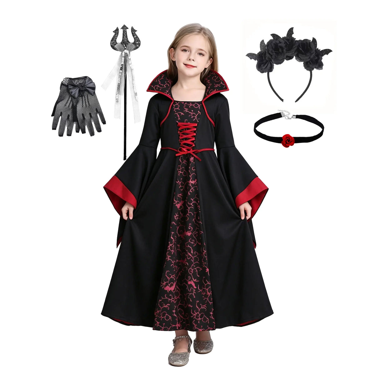 Kids Royal Vampire Queen Costume Retro Black Red Long Robe Girls Gothic Dress Halloween Street Parade Villain Role Play Outfit