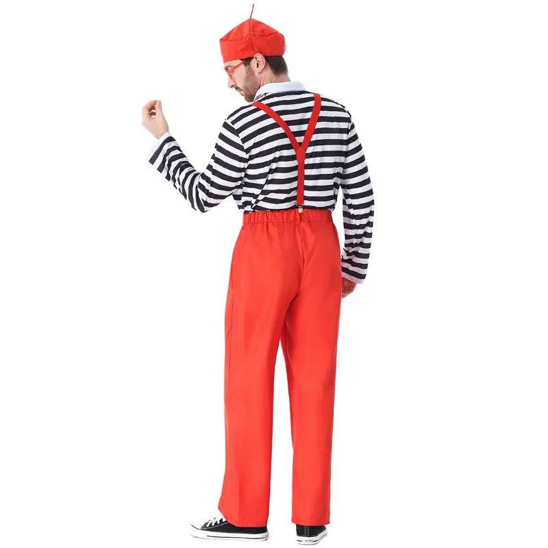 Adult Black White Striped Top Red Suspender Pants Wally Halloween Party Cosplay Costume