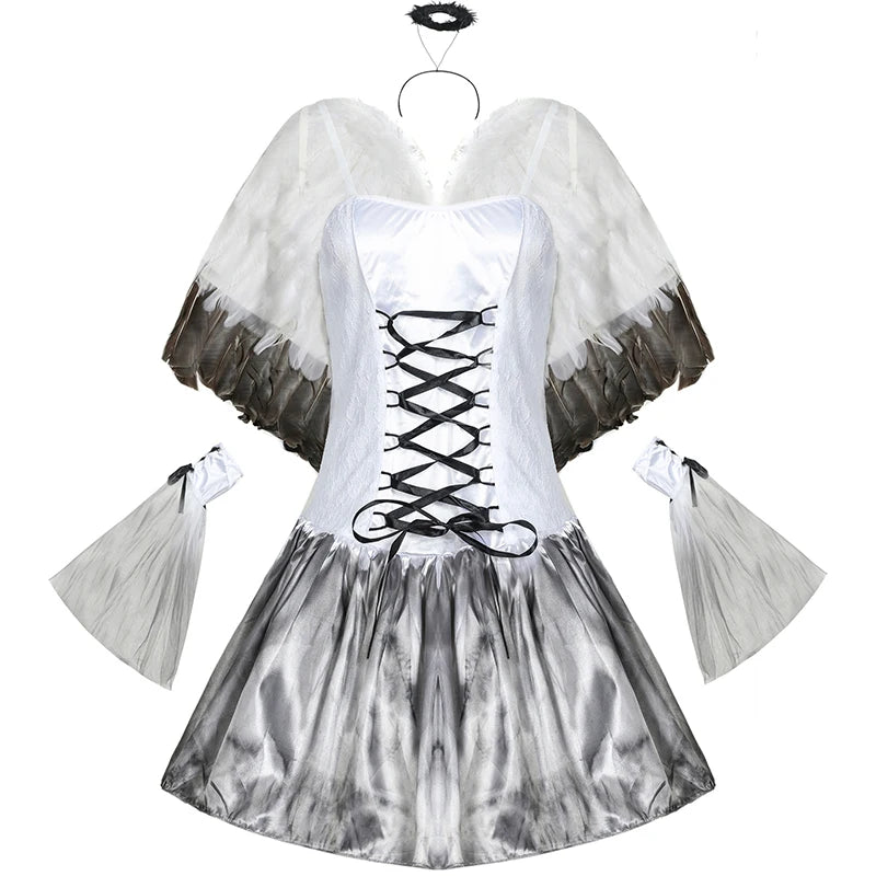 Carnival Halloween Lady Fallen Angel Costume Dark Vampire Feather Wings Roleplay Cosplay Fancy Party Dress