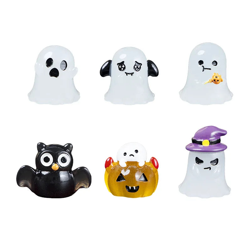 6Pcs Luminous Figurine Miniature Halloween Cartoon Pumpkin Ghost Micro Landscape Ornaments Home Office Desk Room Decorations