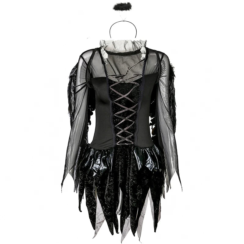 Carnival Halloween Lady Fallen Angel Costume Dark Vampire Feather Wings Roleplay Cosplay Fancy Party Dress
