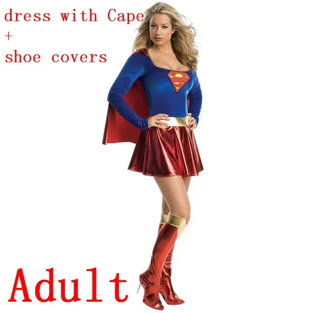 Superwoman Dress Cosplay Costumes Super Girls Dress Shoe Covers Suit Superhero Woman Super Hero Kids Halloween Costume