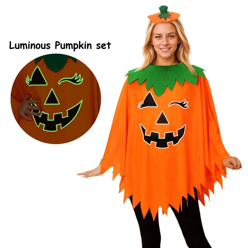 Adult Pumpkin Cape Shawl Costume, Halloween Party Role Play Set, Cloak Outfit with Pumpkin Hat Headband for Stage Show Costume