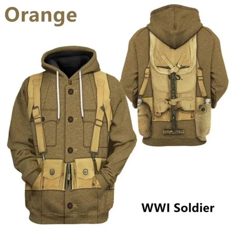 Men WWI Historical‑Style 3D Union Jack Print Drawstring Hoodie, Vintage History Theme Cosplay Casual Street‑Wear Pullover Tops