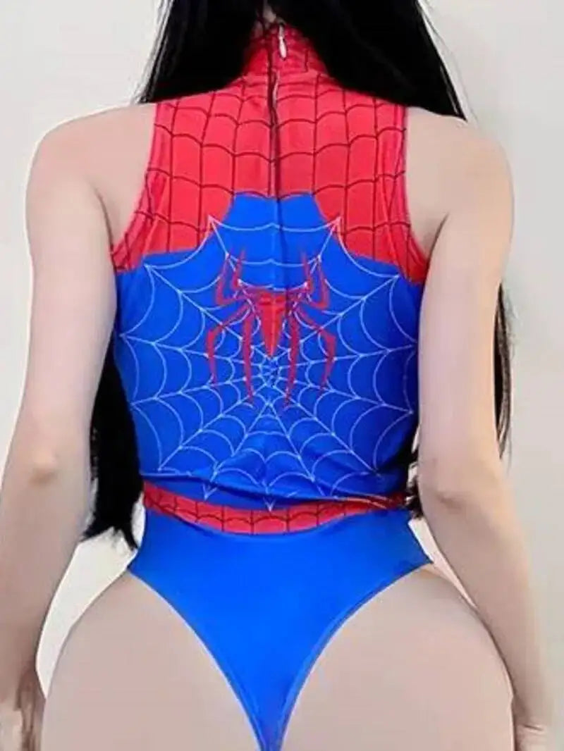 New Anime Swimsuit Cosplay Costume Bodysuits Elegant Sexy Sleeveless Spider Print Round Neck Bodysuits Pure Desire Charming R3RV