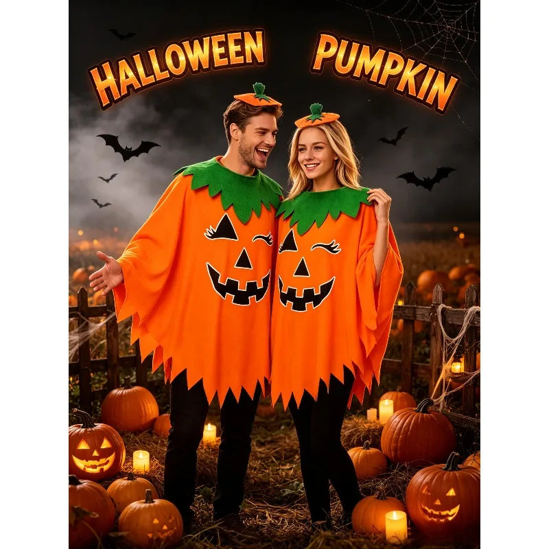 Adult Pumpkin Cape Shawl Costume, Halloween Party Role Play Set, Cloak Outfit with Pumpkin Hat Headband for Stage Show Costume