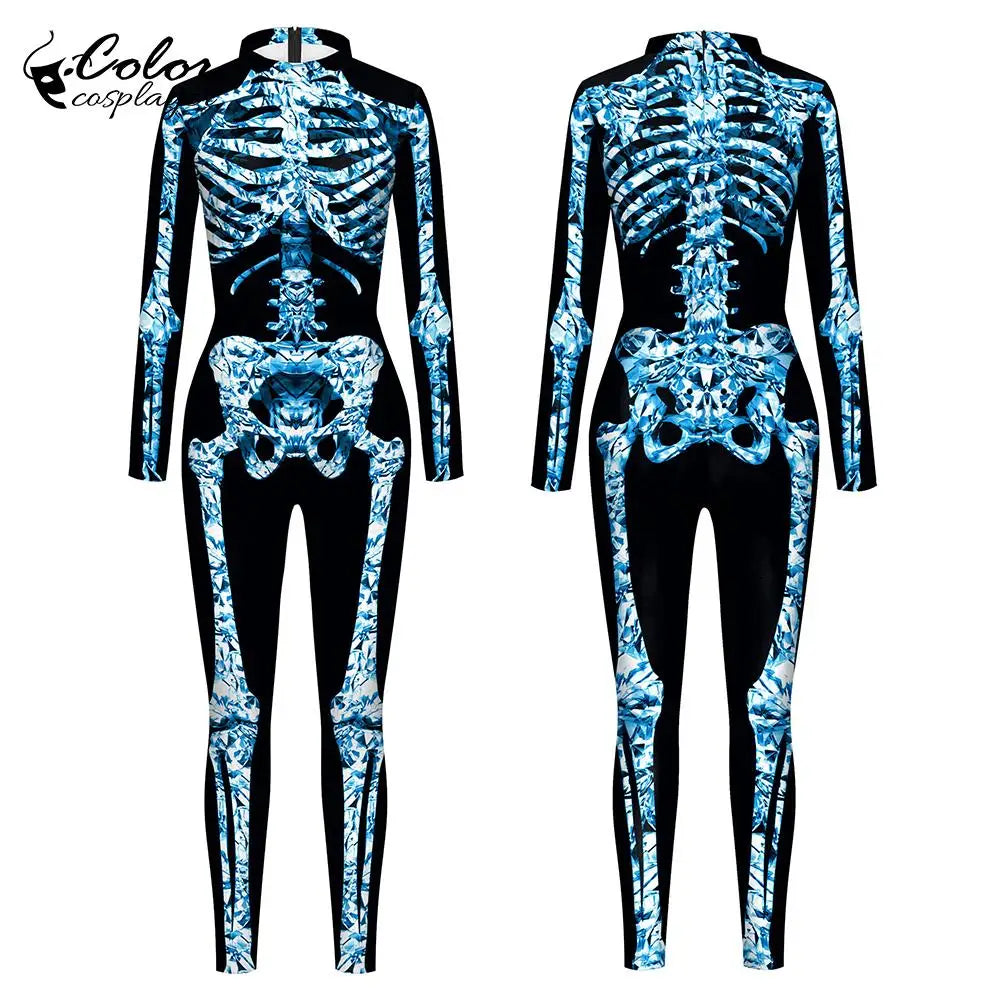 Blue Butterfly Cloak Skeleton Jumpsuit Halloween Cosplay Costume Witch Bodysuit Women Catsuit Funny Carnival Performance Outfit