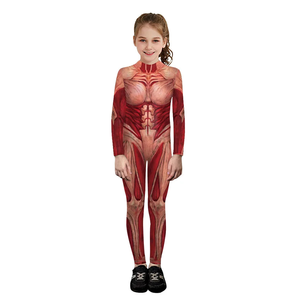 Kids Muscle Skeleton Superhero Cosplay Bodysuit Boys Girls Hero Attack on Titan Jumpsuit Halloween Party Game Zentai Suit