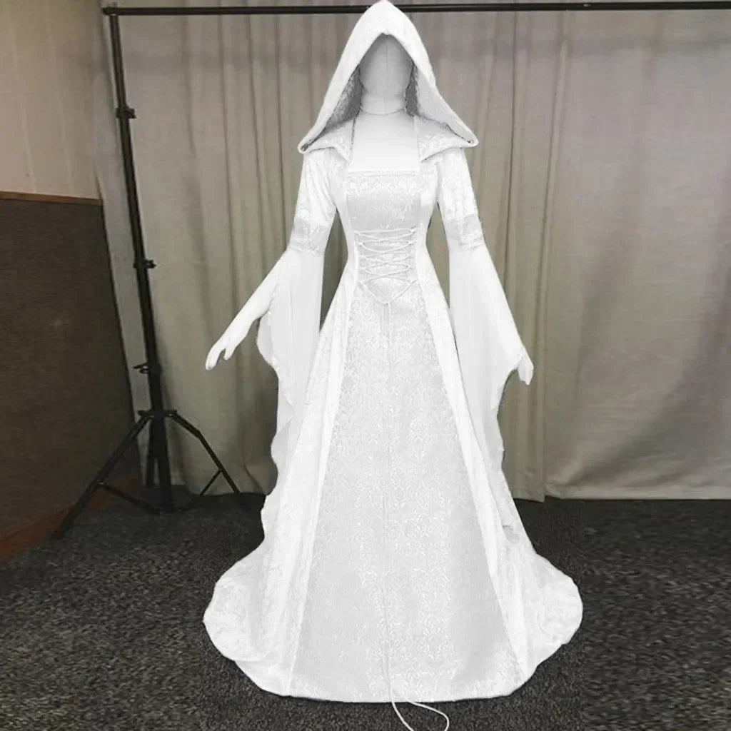 Women Deluxe Witch Dress Medieval Renaissance Maxi Train Dress Halloween Devil Pagan Witch Wedding Cos Costume Hooded Gown Robe