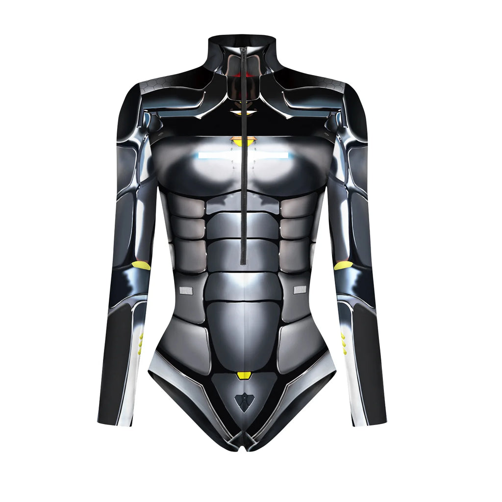 New Superhero Jumpsuit Cosplay Costume Robot Armor Zentai 3D Digital Print Women's Long Sleeve Zipper Bodysuit Halloween Party