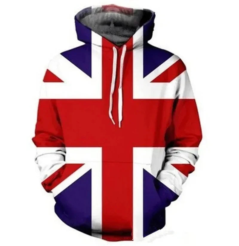 Men WWI Historical‑Style 3D Union Jack Print Drawstring Hoodie, Vintage History Theme Cosplay Casual Street‑Wear Pullover Tops