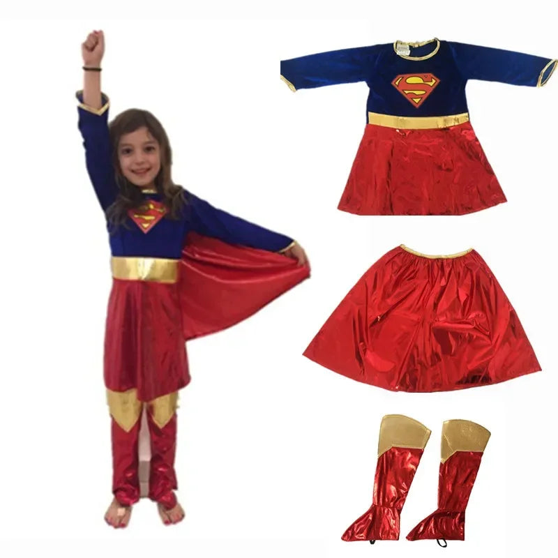 Superwoman Dress Cosplay Costumes Super Girls Dress Shoe Covers Suit Superhero Woman Super Hero Kids Halloween Costume