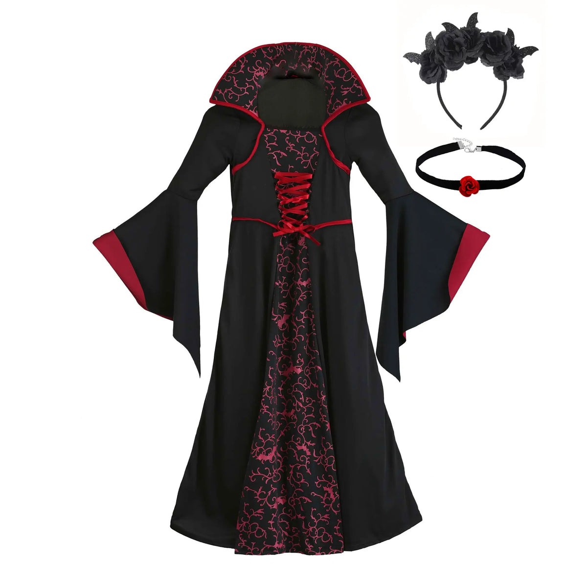 Kids Royal Vampire Queen Costume Retro Black Red Long Robe Girls Gothic Dress Halloween Street Parade Villain Role Play Outfit