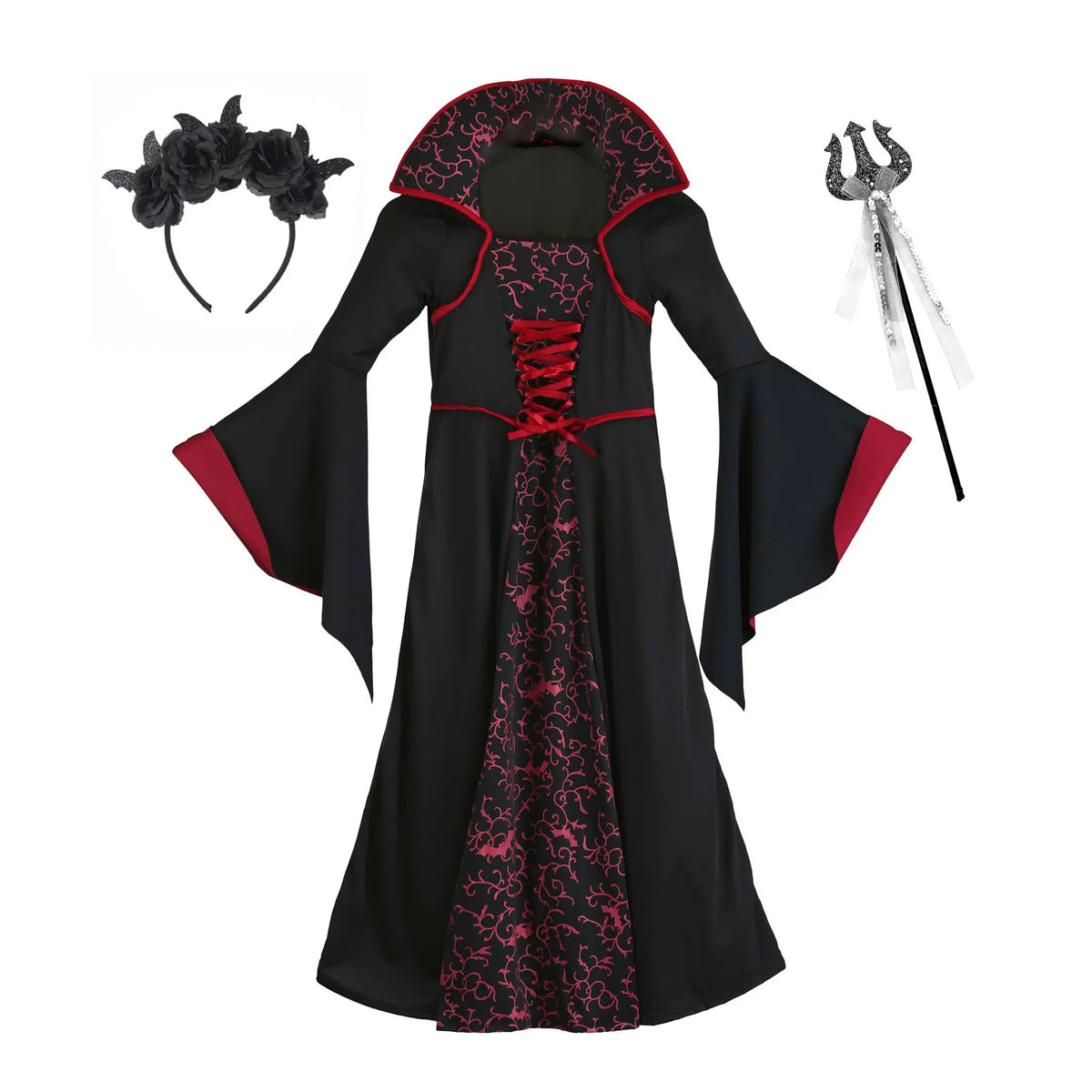 Kids Royal Vampire Queen Costume Retro Black Red Long Robe Girls Gothic Dress Halloween Street Parade Villain Role Play Outfit