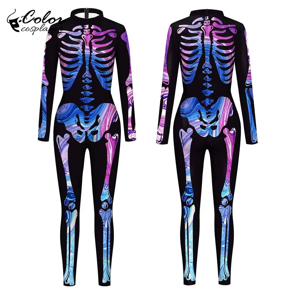Blue Butterfly Cloak Skeleton Jumpsuit Halloween Cosplay Costume Witch Bodysuit Women Catsuit Funny Carnival Performance Outfit