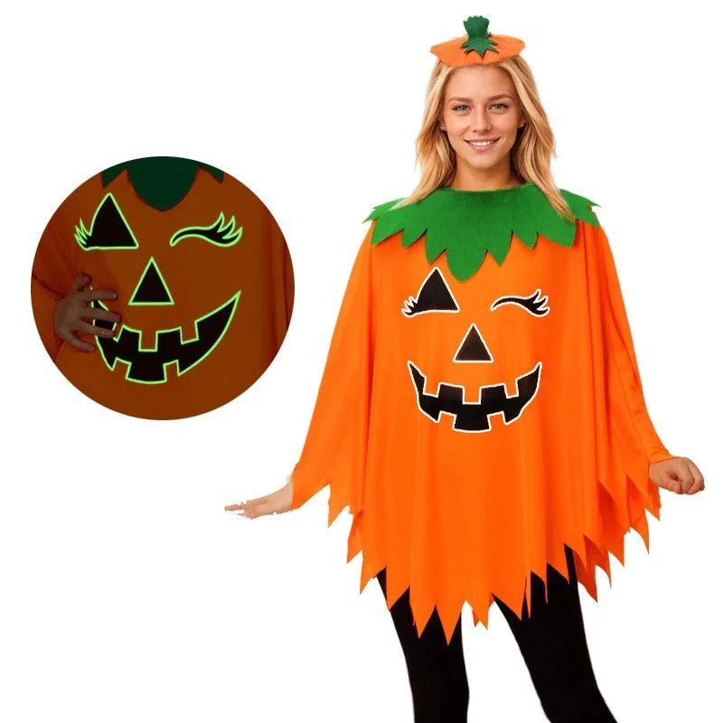Adult Pumpkin Cape Shawl Costume, Halloween Party Role Play Set, Cloak Outfit with Pumpkin Hat Headband for Stage Show Costume