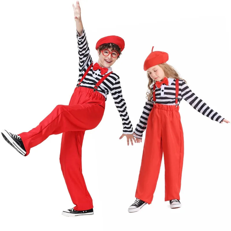 Halloween Cosplay Costume Red Red Overalls Cover Striped T-shirt Hat Suit Performance Party Role Playing Outfits for Unisex