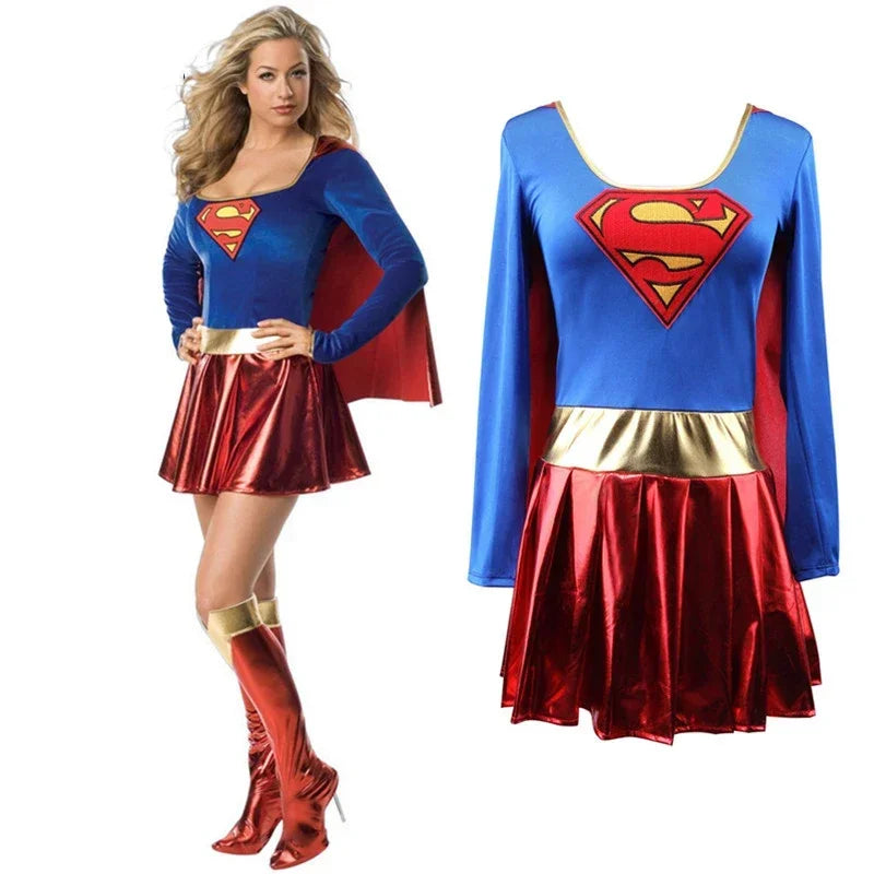 Superwoman Dress Cosplay Costumes Super Girls Dress Shoe Covers Suit Superhero Woman Super Hero Kids Halloween Costume